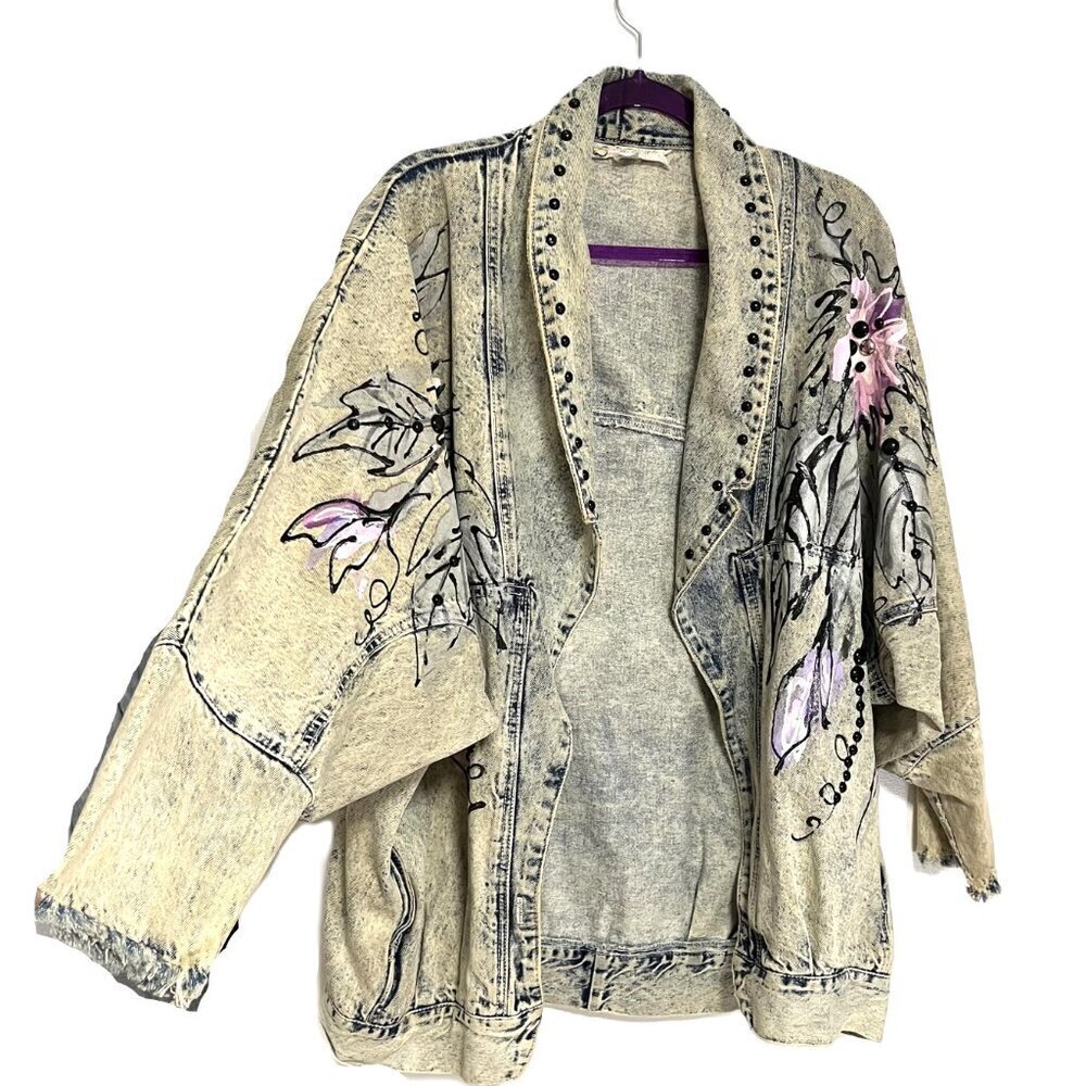 Vintage 90s one of a kind oversized denim jacket with hand painted embellished - Picture 5 of 16